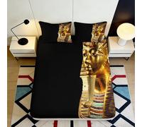 3D Printed Egyptian Pharaoh Fitted Sheet Microfiber Black Gold Ancient Statue Mattress Cover Bedroom Decor 180x200x25cm