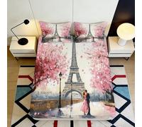 3D Printed Eiffel Tower Blossom Fitted Sheet Microfiber Deep Pocket Bedroom Bedding Paris Mattress Fitted Cover Soft Washable Elastic Hem 140x200x25cm