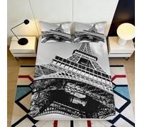 3D Printed Eiffel Tower Fitted Sheet Microfiber Black White Paris Landmark Mattress Cover Bedroom Decor Anti-Slip Washable 90x200x25cm