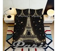 3D Printed Eiffel Tower Nightscape Fitted Sheet Microfiber Soft Black Paris Mattress Cover for Bedroom Guest Room Decor 90x200x25cm