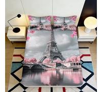 3D Printed Eiffel Tower Paris Fitted Sheet Microfiber Pink Grey Mattress Cover for Bedroom Dorm Room Decor Protection 90x200x25cm