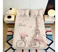 3D Printed Eiffel Tower Romantic Fitted Sheet Microfiber Deep Pocket Bedroom Bedding Paris Mattress Fitted Cover Non-Slip Full Wrap Washable 140x200x25cm