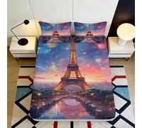 3D Printed Eiffel Tower Themed Fitted Sheet Microfiber Deep Pocket Non-Slip Paris Mattress Fitted Cover for Bedroom Bedding