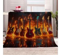 3D Printed Electric Guitar In Flames Flannel Fleece Blanket (270GSM) Rock Passion Style Super Cozy 220x240 cm Queen Size Fade Resistant Home Decor Gift - Machine Washable