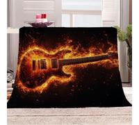 3D Printed Electric Guitar Surrounded By Flames Flannel Fleece Blanket (270GSM) Rock Passion Style Super Cozy 150x200 cm Double Size Fade Resistant Home Decor Gift - Machine Washable