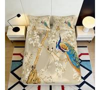 3D Printed Elegant Peacock Fitted Sheet Microfiber Soft Floral Bed Cover for Bedroom Guest Room Decor Anti-Dust Easy Care 90x200x25cm