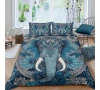 3D Printed Elephant mandala Comforter Cover Premium Polyester Blue floral art style Duvet Cover Shrink Resistant Stain Resistant Soft Comfortable Easy Care for Home Bedding Single（140x200cm）