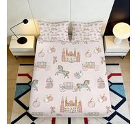 3D Printed Fairy Tale Castle Fitted Sheet Microfiber Soft Pink Pumpkin Carriage Mattress Cover for Bedroom Guest Room Decor, Non-Slip, Machine Washable, 120x200cm 120x200x25cm
