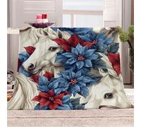 3D Printed Fantasy Horse Red Blue Flowers-10 Flannel Fleece Blanket （270GSM） Romantic And Elegant Style Super Cozy 220x240 cm Queen Size Fade Resistant Home Decor Gift - Machine Washable