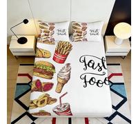 3D Printed Fast Food Fitted Sheet Microfiber Non-Slip Deep Pocket Burger Theme Mattress Fitted Cover Elastic Hem for Bedroom 180x200x25cm
