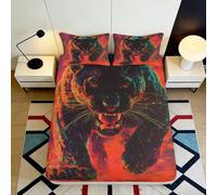 3D Printed Fierce Panther Fitted Sheet Microfiber Soft Red Black Animal Bed Cover for Bedroom Guest Room Mattress Protection 90x200x25cm