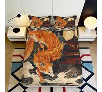 3D Printed Fiery Fox Fitted Sheet Microfiber Soft Non-Slip Japanese Art Bed Cover for Bedroom Dorm Decor 90x200x25cm