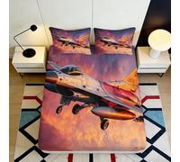 3D Printed Fighter Jet Fitted Sheet Microfiber Soft Orange Sunset Mattress Cover Bedroom Decor 90x200x25cm