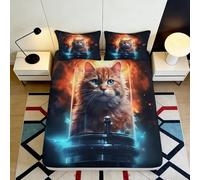 3D Printed Fire Cat Fitted Sheet Microfiber Soft Breathable Blue Orange Universe Bed Cover for Bedroom Guest Room Decor 90x200x25cm