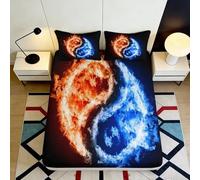 3D Printed Fire Water Yin Yang Fitted Sheet Microfiber Anti-Slip Easy Care Bed Cover for Bedroom Guest Room Decor 90x200x25cm