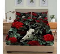 3D Printed Fitted Sheet 4ft Small Double 48x75 inch Deep Pocket 12 inch Romantic Rose Deer Head Soft Microfibre Bedding Black Breathable Fitted bed sheet Suitable for Boys and Girls