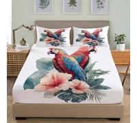 3D Printed Fitted Sheet King 60x80 inch Deep Pocket 12 inch Watercolor Animal Parrot Soft Microfibre Bedding White Breathable Fitted bed sheet Suitable for Boys and Girls