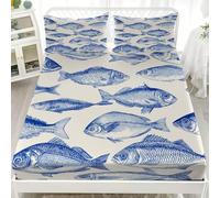 3D Printed Fitted Sheet King 60x80 inch - Deep Pockets 12 inch Hand Drawn Marine Animals Fish Fitted Sheets Microfiber Soft Fade Resistant Breathable Blue Bedding Sets for Bedroom Decor