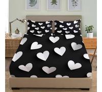 3D Printed Fitted Sheet, Simple Heart Pattern Bedding Set 30Cm Deep Pockets 48x75 inch For 4ft Small Double Size Sheets Black And White Microfiber Soft Fade Resistant Bedroom 3 Piece