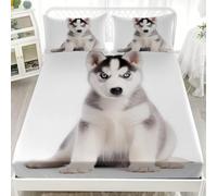 3D Printed Fitted Sheet Super King 72x80 inch Deep Pocket 12 inch White Soft Microfibre Bedding Husky Puppies Breathable Fitted bed sheet Suitable for Boys and Girls