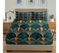 3D Printed Fitted Sheet With 2 Pillowcases, Artistic Fan Pattern Design Bedding Set 30Cm Deep Pockets 72x80 inch For Super King Size Sheets Dark Green Microfiber Soft Fade Resistant Bedroom 3 Piece