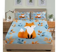 3D Printed Fitted Sheet With 2 Pillowcases, Cartoon Fox Pattern Bedding Set 30Cm Deep Pockets 54x75 inch For Double Size Sheets Blue Microfiber Soft Fade Resistant Bedroom 3 Piece