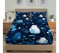 3D Printed Fitted Sheet With 2 Pillowcases, Cute Cat Pattern Bedding Set 30Cm Deep Pockets 36x75 inch For Single Size Sheets Blue Microfiber Soft Fade Resistant Bedroom 3 Piece