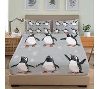 3D Printed Fitted Sheet With 2 Pillowcases, Cute Penguin Print Bedding Set 30Cm Deep Pockets 72x80 inch For Super King Size Sheets Grey Microfiber Soft Fade Resistant Bedroom 3 Piece