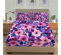 3D Printed Fitted Sheet With 2 Pillowcases, Watercolor Floral Pattern Bedding Set 30Cm Deep Pockets 54x75 inch For Double Size Sheets Pink Purple Microfiber Soft Fade Resistant Bedroom 3 Piece