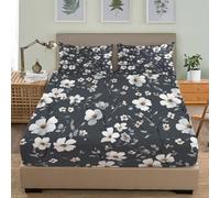 3D Printed Fitted Sheet With 2 Pillowcases, Watercolor Floral Pattern Bedding Set 30Cm Deep Pockets 60x80 inch For King Size Sheets Grey Microfiber Soft Fade Resistant Bedroom 3 Piece
