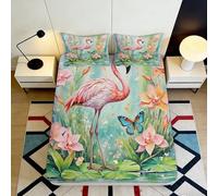 3D Printed Flamingo Fitted Sheet, Microfiber Bed Cover, Non Slip, Home