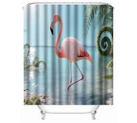 3D Printed Flamingo Seaside Tropical Plants Shower Curtain 200x200 cm Mould Proof Resistant Quick Drying Polyester Fabric Waterproof Washable Bathroom Curtain with 12 rings for Art Deco