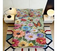 3D Printed Floral Butterfly Fitted Sheet Microfiber Deep Pocket Bedroom Bedding All-Around Floral Butterfly Mattress Fitted Cover Non-Slip Washable 140x200x25cm