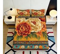 3D Printed Floral Peony Fitted Sheet Microfiber Soft Orange Blossom Mattress Cover for Bedroom Guest Room Decor 200x200x25cm