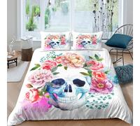 3D Printed Floral Skull Duvet Cover, Microfiber Bedding Cover Hidden Zipper