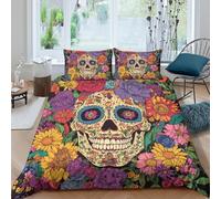 3D Printed Floral Skull Duvet Cover, Microfiber Bedding Cover Hidden Zipper