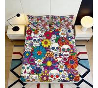 3D Printed Floral Skull Fitted Sheet, Microfiber, Bed Cover, Non-slip, Home