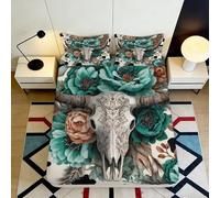 3D Printed Floral Skull Fitted Sheet Microfiber Soft Breathable Boho Steer Bed Cover for Bedroom Dorm Mattress Decor 90x200x25cm