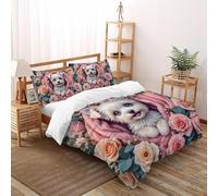 3D Printed Flower And Dog Duvet Cover Wild Cute Pet Animal Bedding Set 3Pcs Luxury Microfiber with Pillowcases,Hidden Zipper for Kid Teens Super King（260x220cm） Modern Home Decor