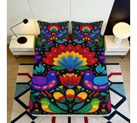 3D Printed Folk Art Birds Fitted Sheet Microfiber Colorful Floral Mattress Cover for Bedroom Guest Room Decor 200x200x25cm