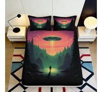 3D Printed Forest UFO Fitted Sheet, Microfiber Bed Cover, non-slip, home