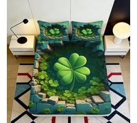 3D Printed Four Leaf Clover Fitted Sheet Microfiber Breathable Green Bed Cover with Shamrock Pattern Mattress Cover for Bedroom Dormitory Guest Room 200x200x25cm