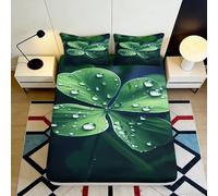 3D Printed Four Leaf Clover Fitted Sheet Microfiber Green Water Drop Bed Cover for Bedroom Dorm Mattress Protection 180x200x25cm