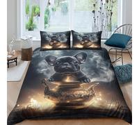 3D Printed French Bulldog Art Fitted Sheet Microfiber Soft Breathable Smoky Night Mattress Cover for Bedroom Decor Single（135x200cm）