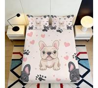 3D Printed French Bulldog Fitted Sheet Microfiber Non-Slip Deep Pocket Heart Pattern Mattress Fitted Cover Bedroom 90x200x25cm