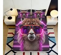 3D Printed Funky Llama Fitted Sheet Microfiber Soft Anti-Slip Neon Sunglasses Bed Cover for Bedroom Dorm Mattress Protection 140x200x25cm