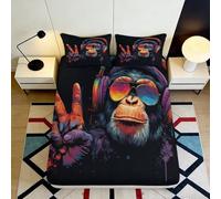 3D Printed Funky Monkey Fitted Sheet Microfiber Vibrant Art Bedroom Decor Peace Sign Mattress Cover 90x200x25cm