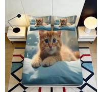 3D Printed Ginger Tabby Cat Fitted Sheet Microfiber Soft Decorative Cute Kitten Bed Cover for Bedroom Dorm Mattress Protection 90x200x25cm