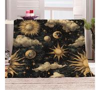 3D Printed Golden Planet And Stars-3 Flannel Fleece Blanket （270GSM） Retro Astronomy Style Super Cozy 150x200 cm Double Size Fade Resistant Home Decor Gift - Machine Washable