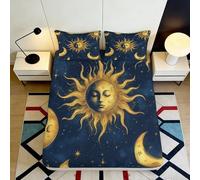 3D Printed Golden Sun Moon Fitted Sheet Microfiber Soft Anti-Slip Starry Sky Mattress Cover for Bedroom Dorm Decor 90x200x25cm